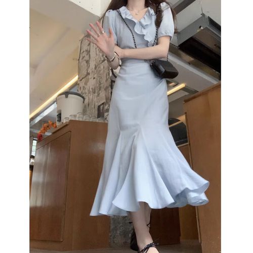 無品牌法式裙子夏季初戀時尚溫柔短袖連衣裙長裙2023新款女裝衣服批發(fā)